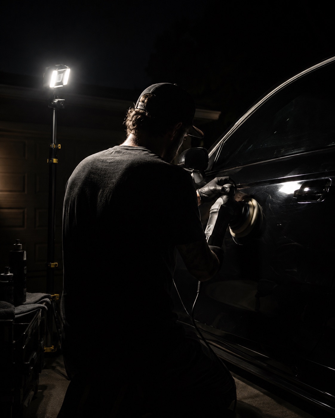 A detailer seen from behind working a polisher along the door of a dark car at night, lit by a single work lamp on a stand