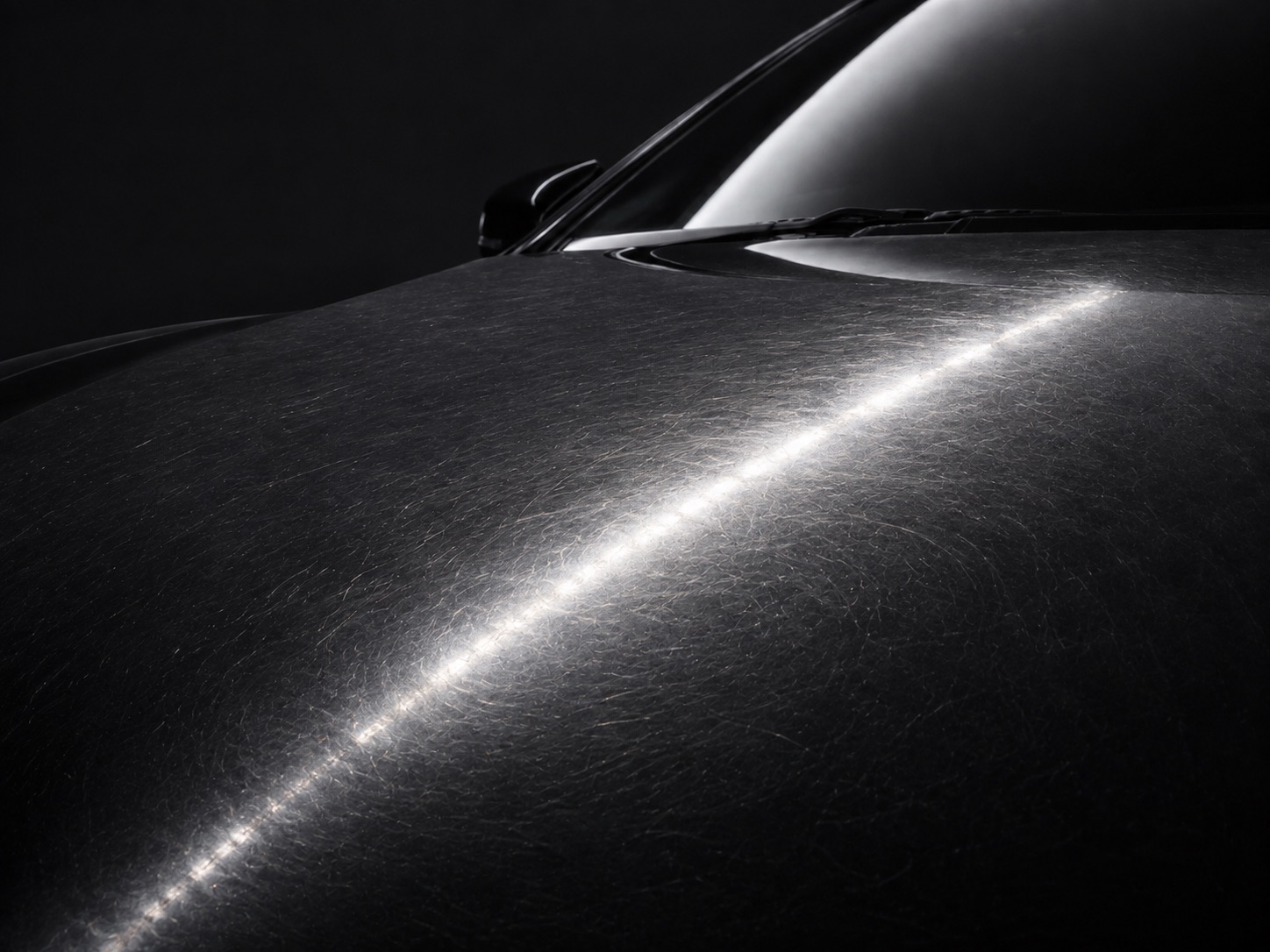 A black hood under a hard strip light, the reflection scattered into a hazy band by dense swirl marks across the paint