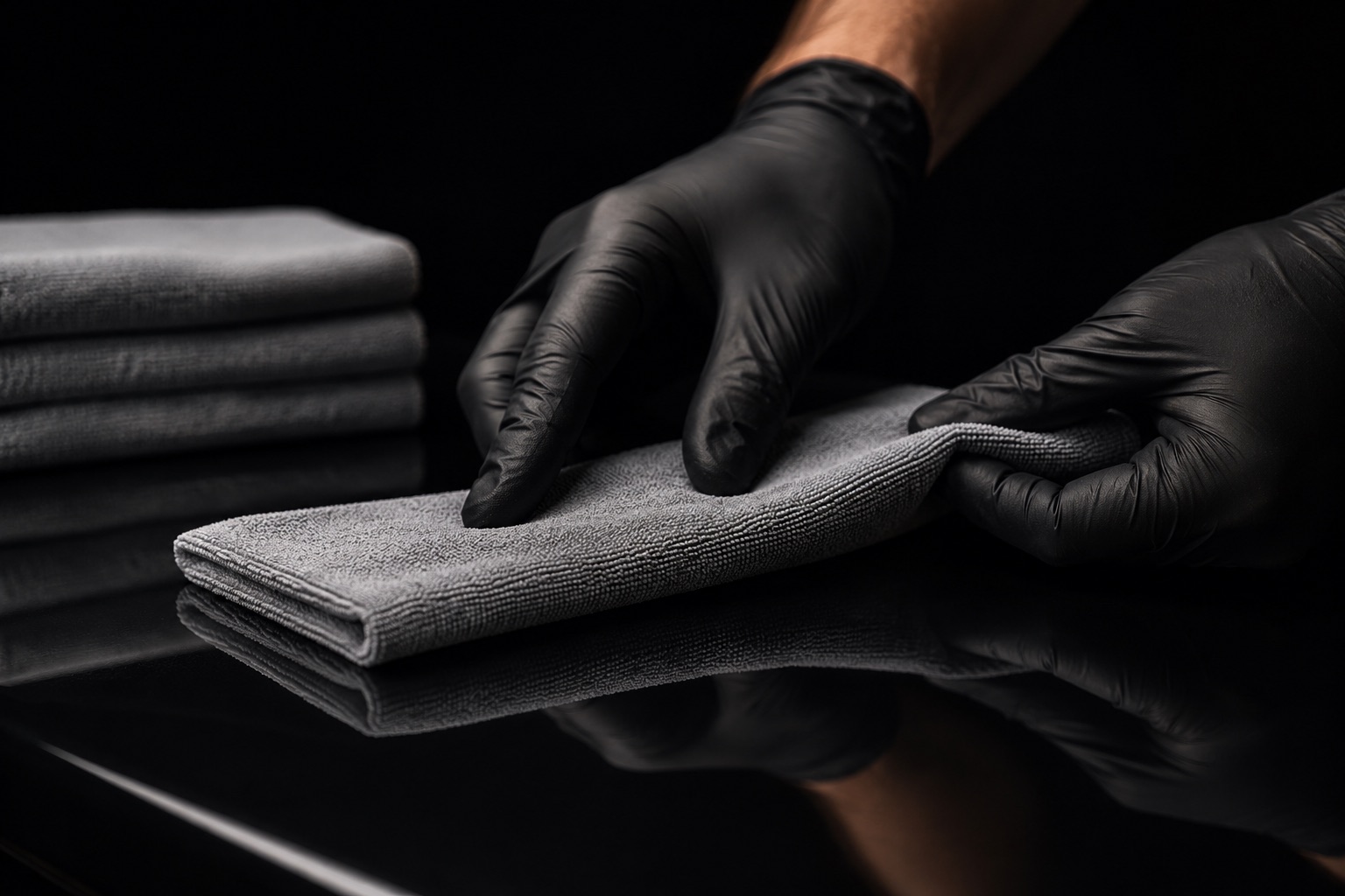 Gloved hands folding a clean microfiber towel on a dark glossy panel, with a stack of folded towels behind