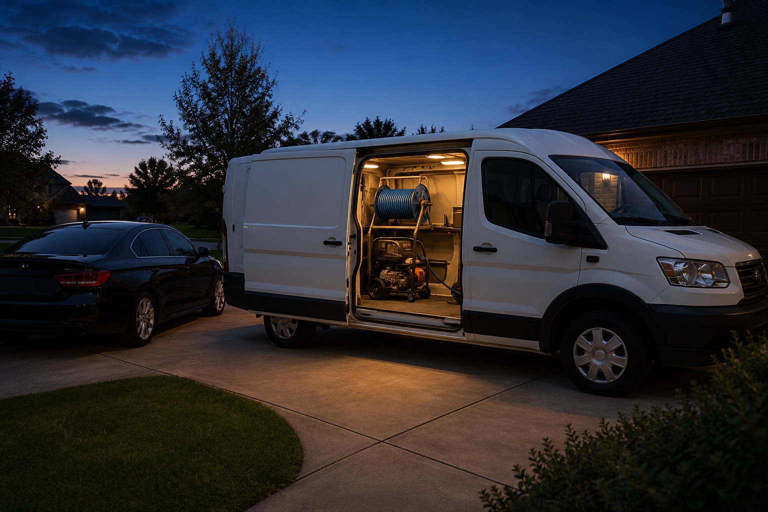 A white work van parked in a suburban driveway at dusk with its side door open, hose reel and equipment lit inside, a dark car waiting alongside