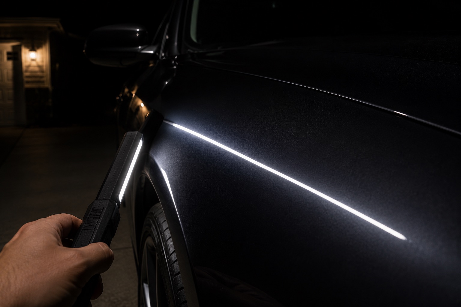 A handheld inspection light held along the flank of a dark car at night, throwing one clean unbroken highlight down a flawless finish